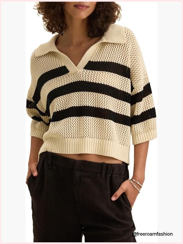 Women's Cotton Cashmere Mesh Polo Sweater Relaxed Fit